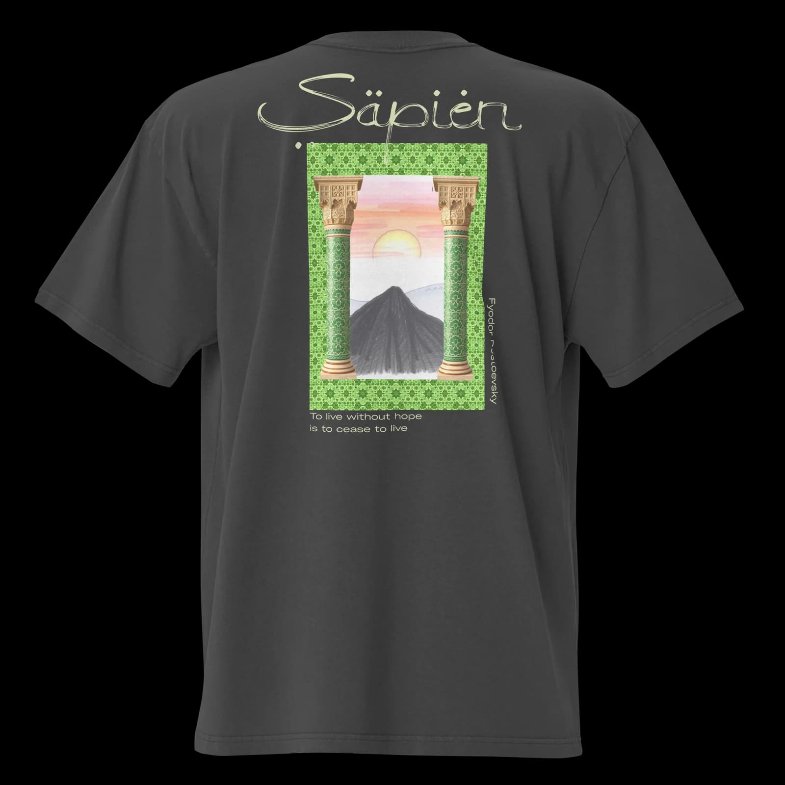Fyodor Dostoevsky Tee — Carved columns opening onto a mountain at sunrise