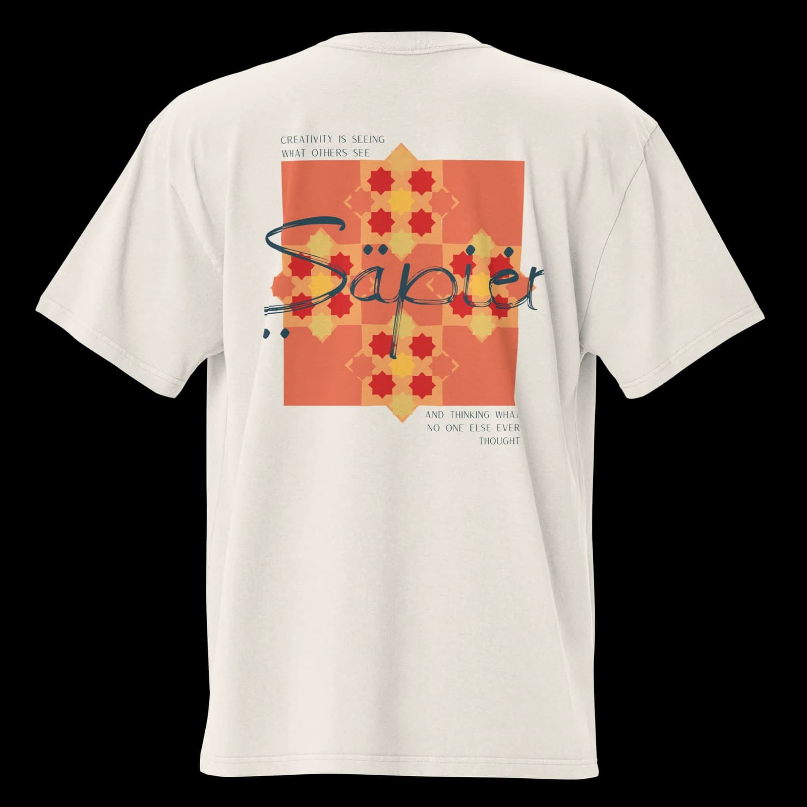 Albert Einstein Tee — An eight-point star in terracotta, saffron and deep red