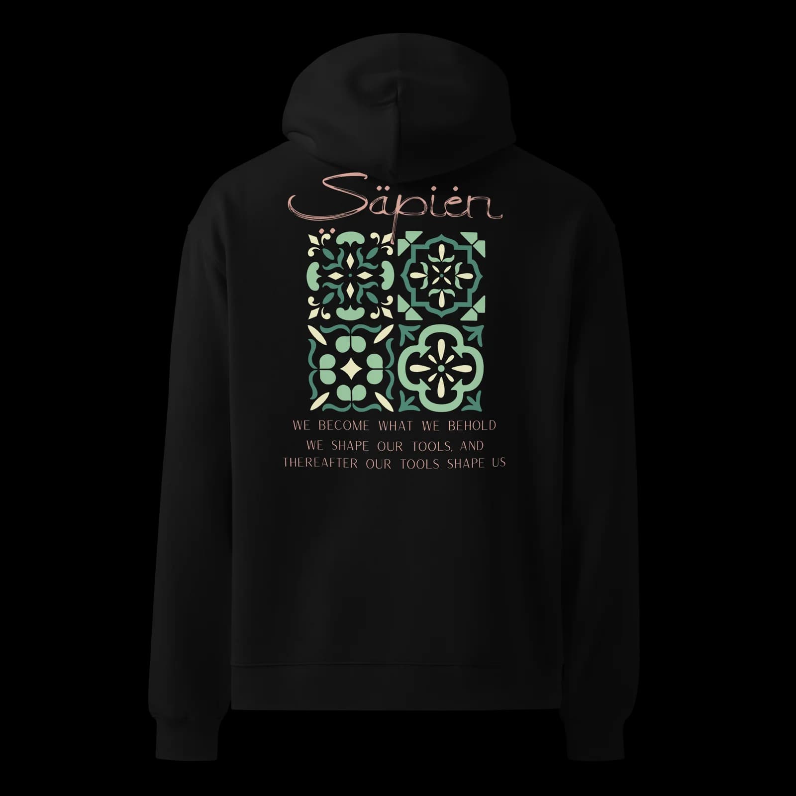 Marshall McLuhan Hoodie — Four patterned tiles in sage and bone
