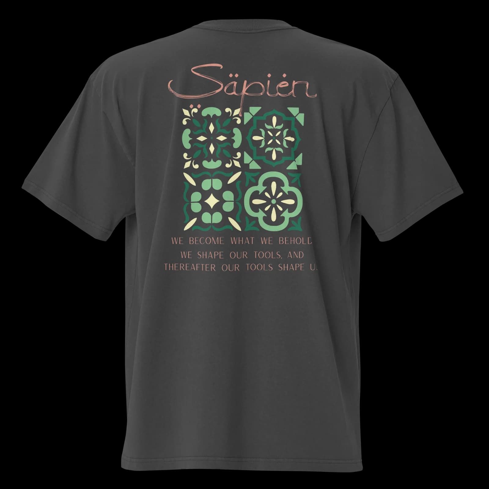 Marshall McLuhan Tee — Four patterned tiles in sage and bone