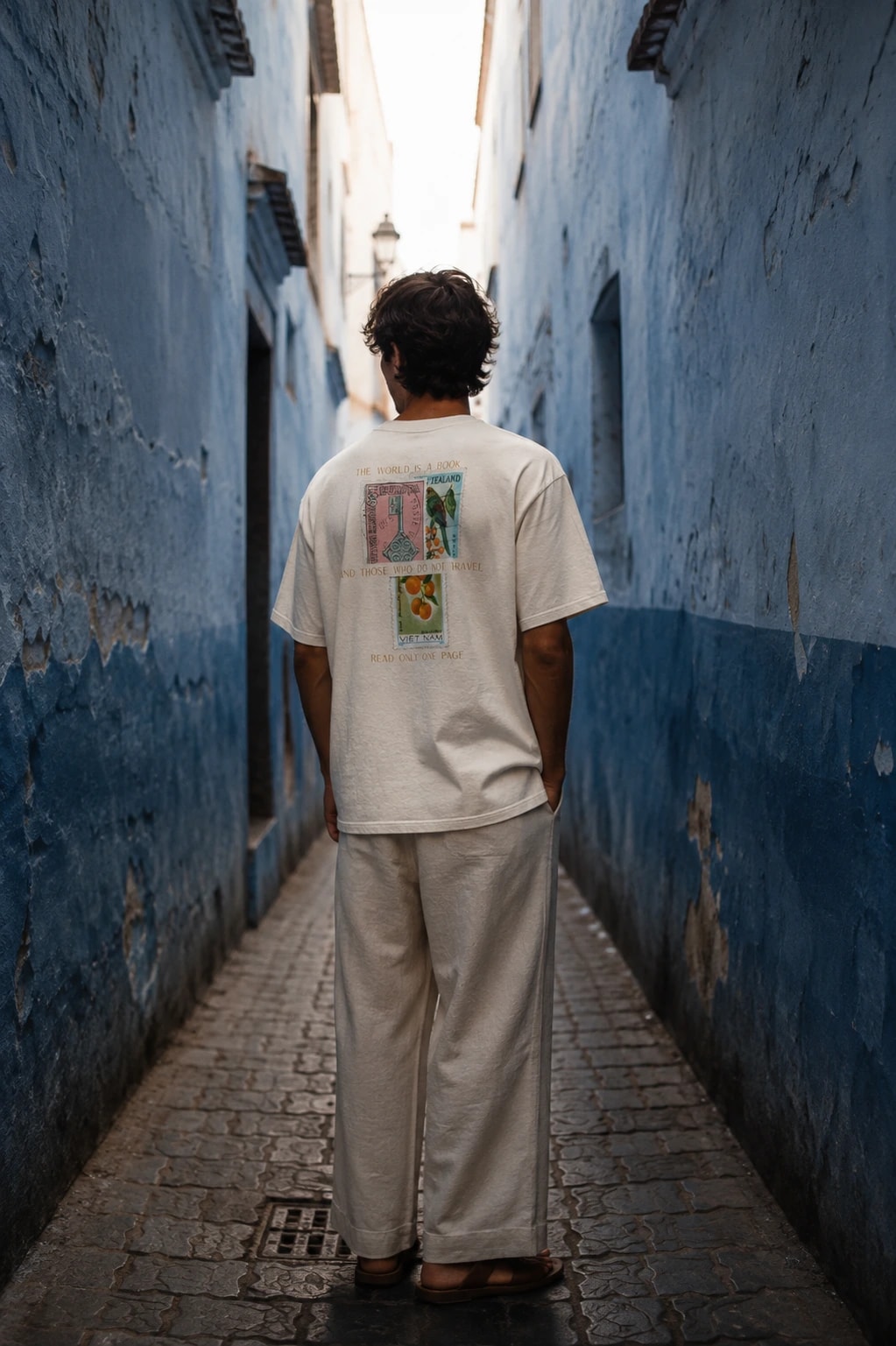 A man stands in a narrow blue alley wearing the St. Augustine tee