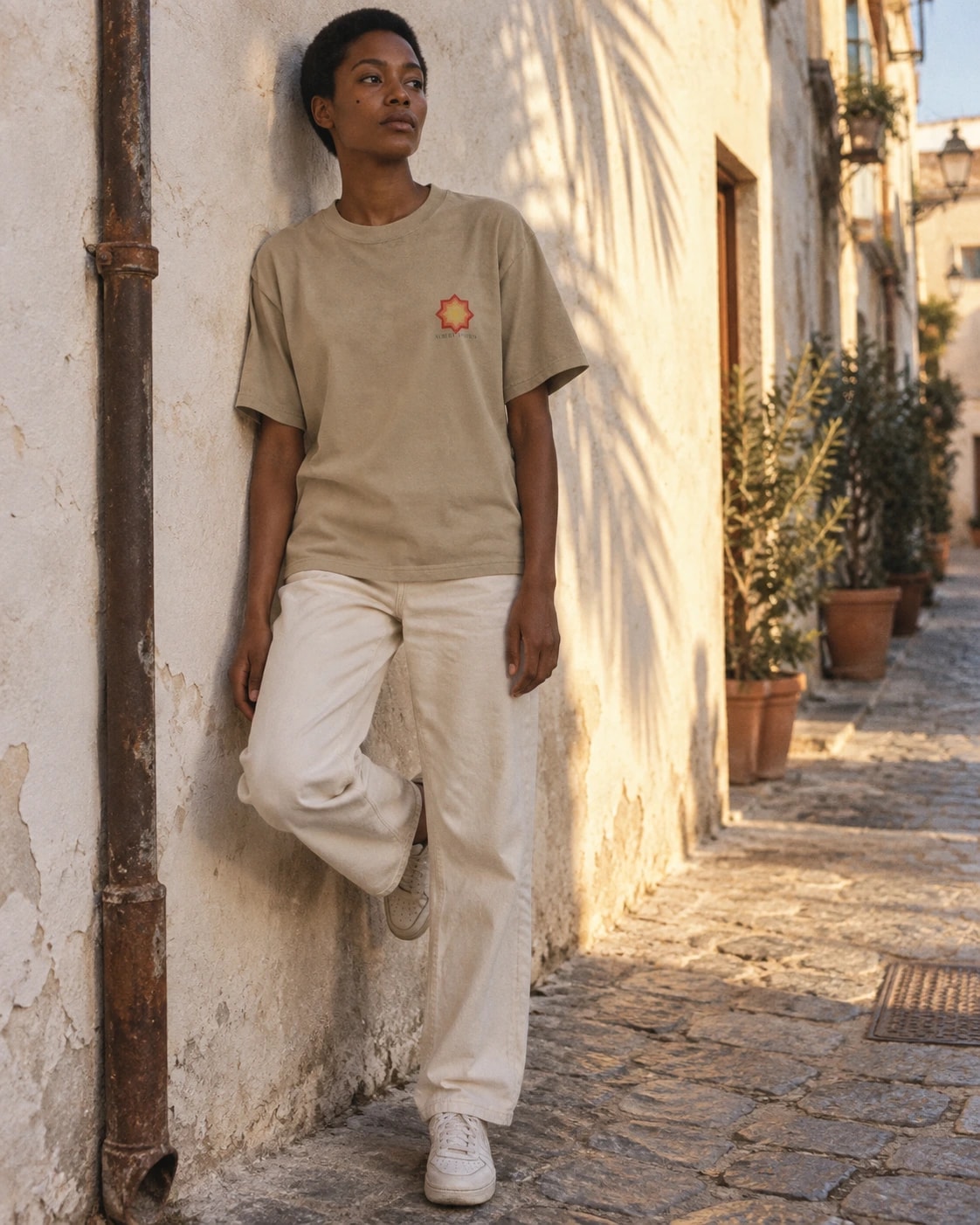 A woman leans against a whitewashed wall in a sunlit alley, palm shadows across it, wearing the Einstein tee