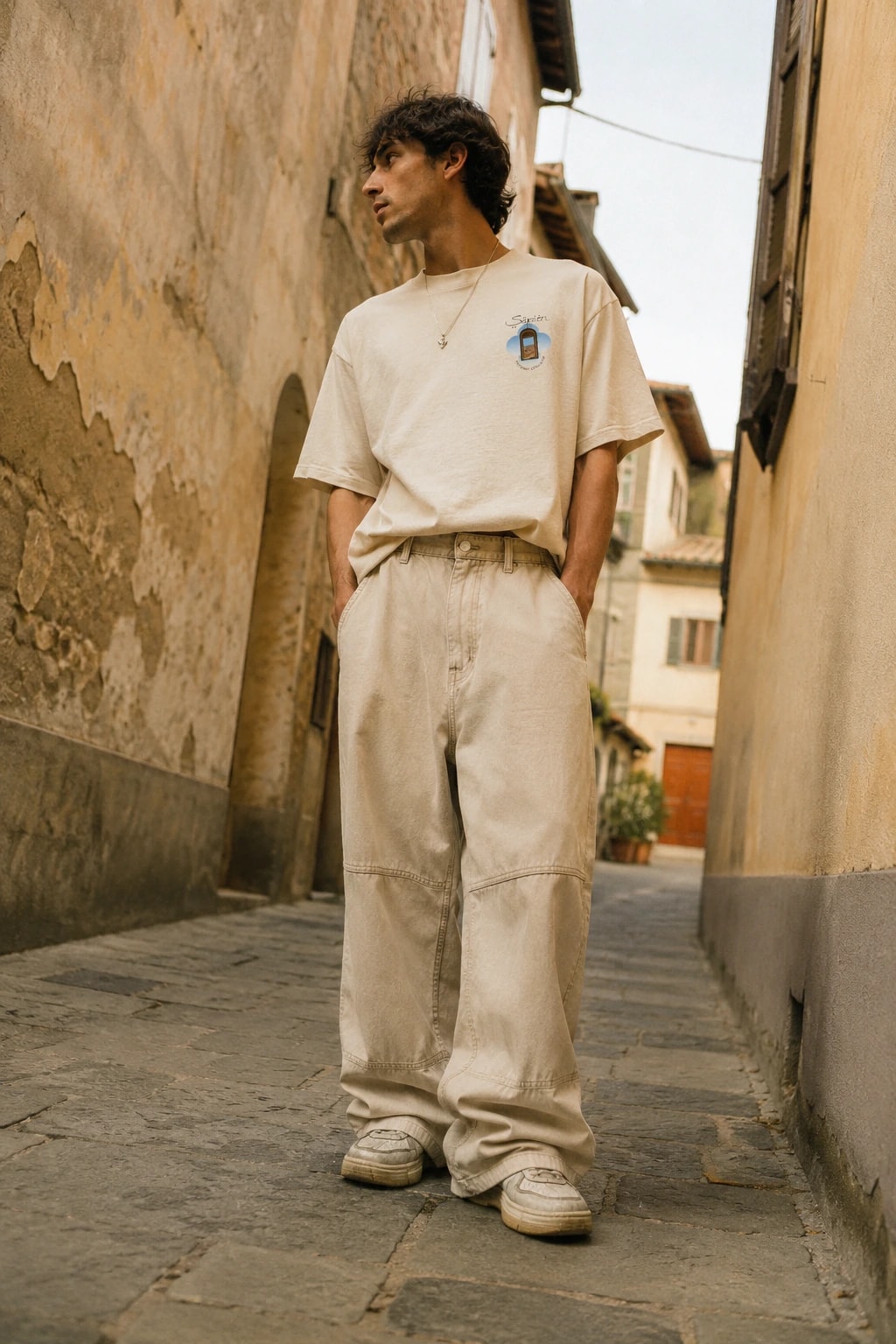 A man stands in a sunlit stone alley wearing the Churchill tee