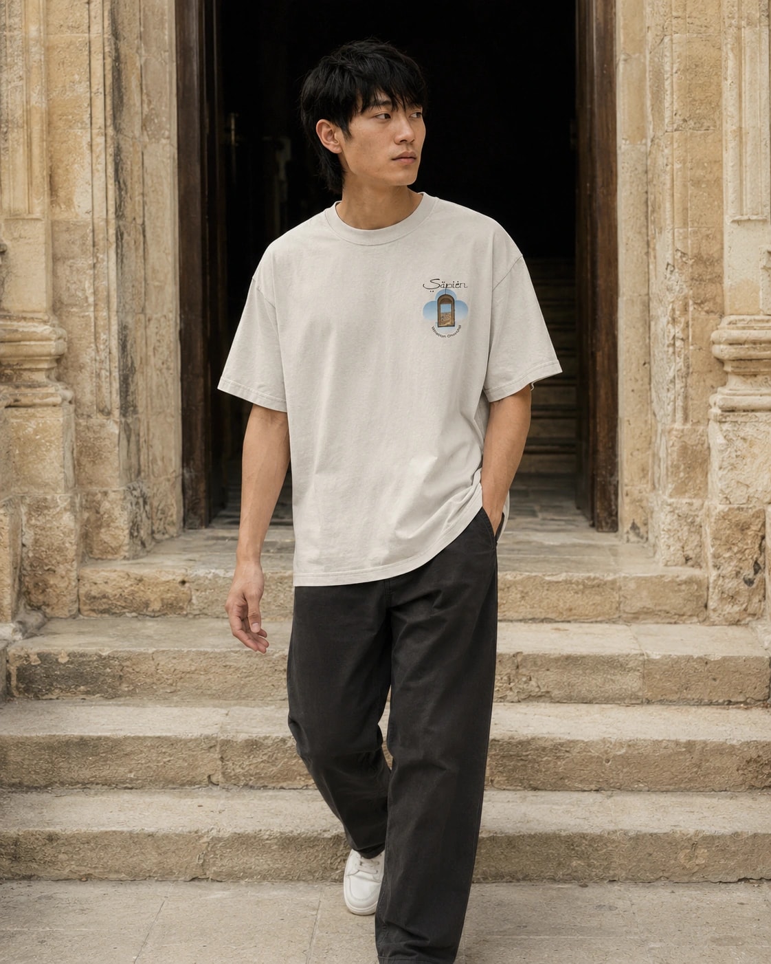 A man walks down the worn stone steps of a church doorway, wearing the Churchill tee
