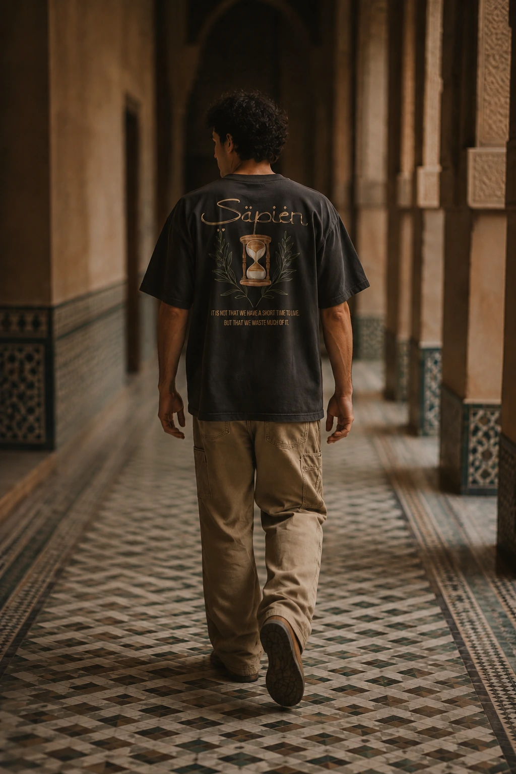 A man walks away down a tiled colonnade wearing the Seneca tee