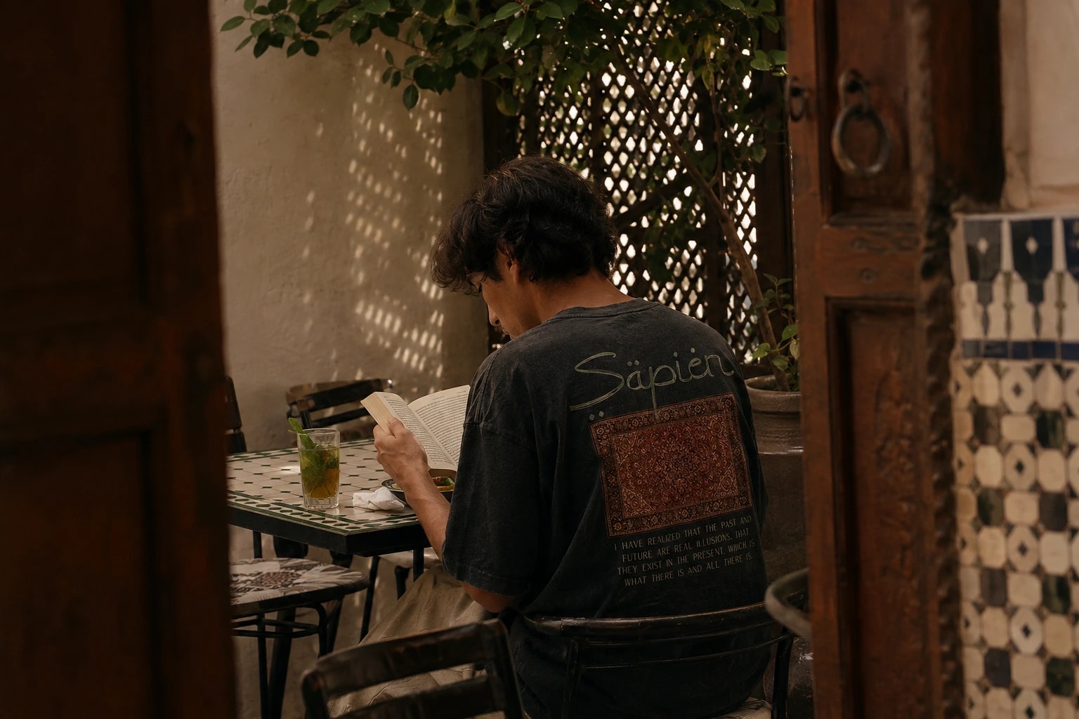 A man reads at a courtyard table wearing the Alan Watts tee