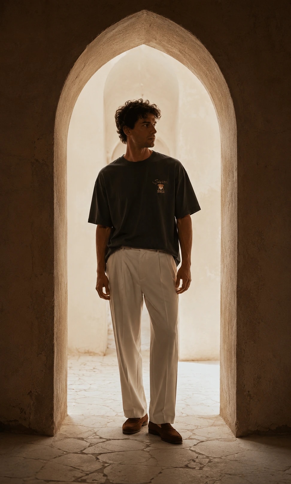 A man stands in a tall arched doorway wearing the Seneca tee