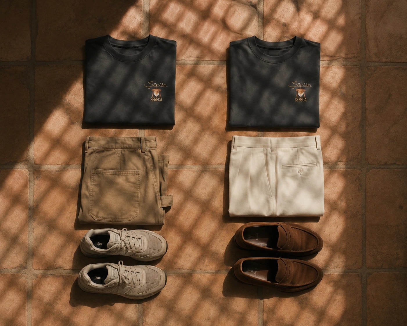 Two Seneca tees folded on terracotta tiles beside trousers and shoes