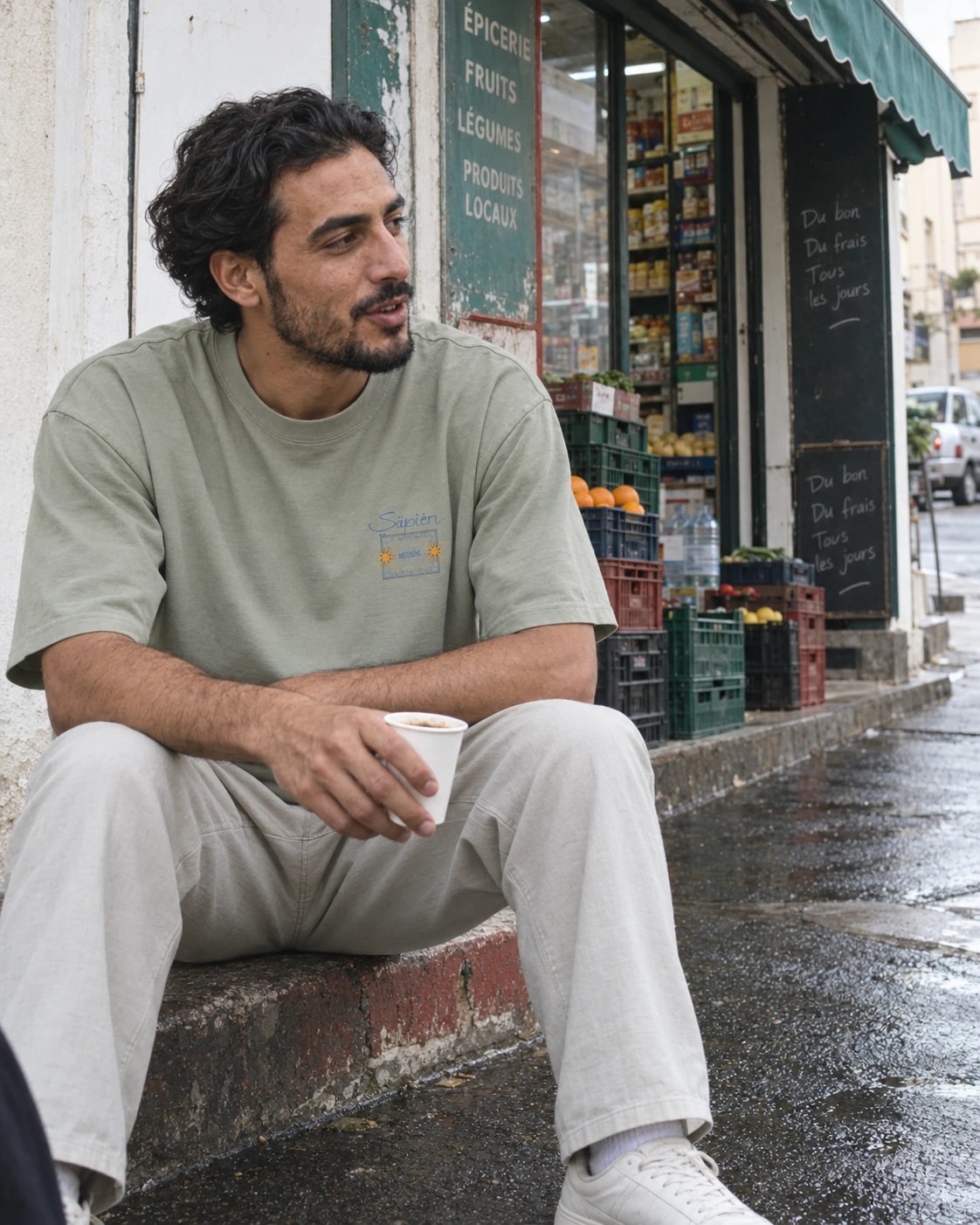 A man sits on a kerb outside a greengrocer with a coffee, wearing the Nietzsche tee