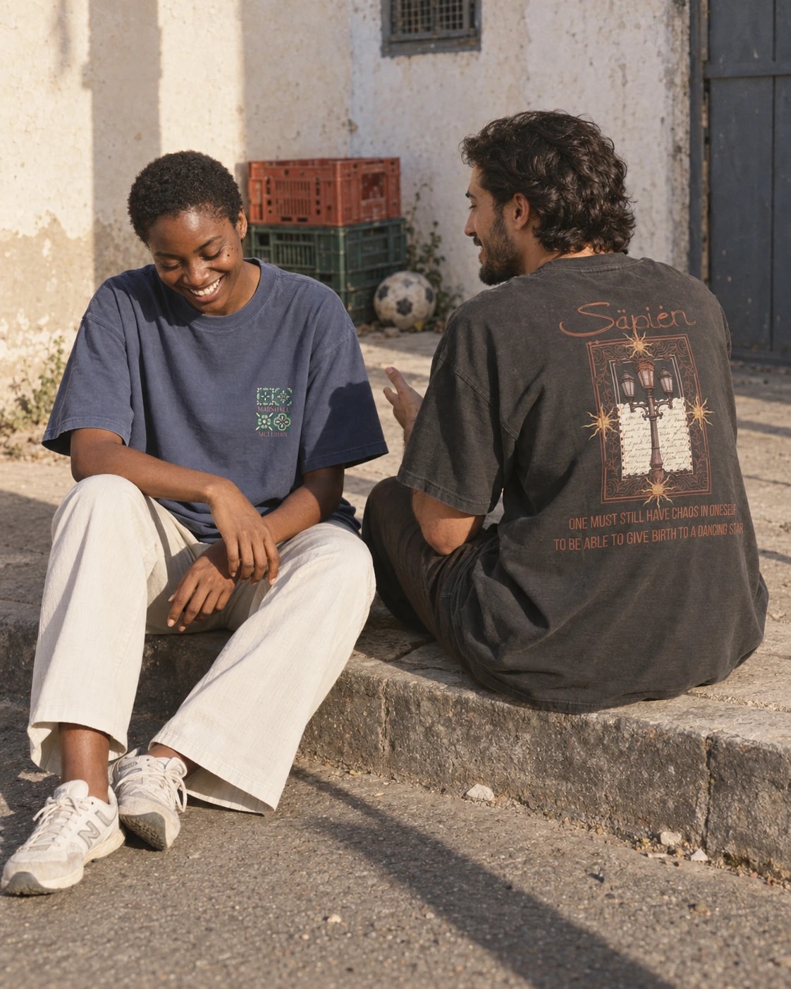 Two friends sit talking on a sunlit kerb, one in the McLuhan tee and one in the Nietzsche tee