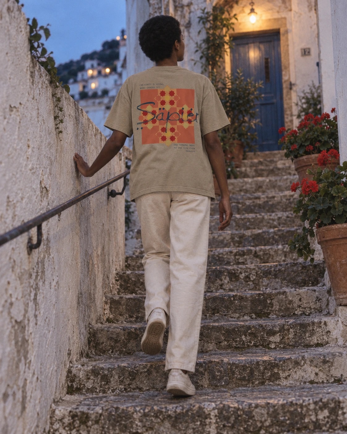 A woman climbs a flight of old stone steps at dusk, wearing the Einstein tee