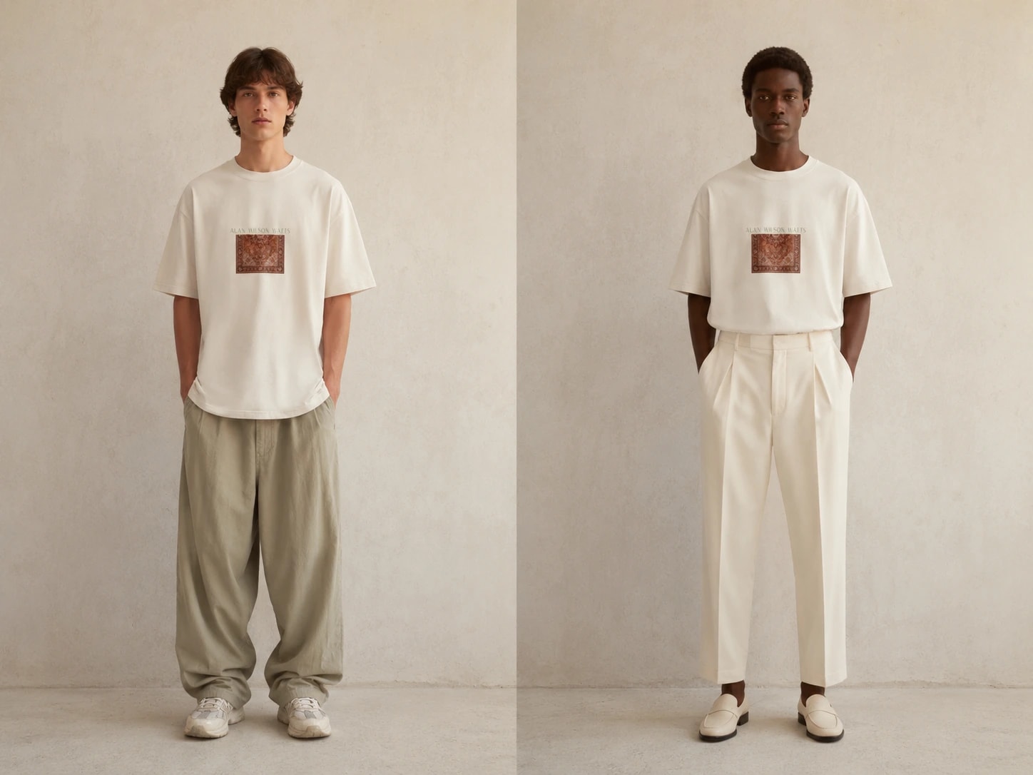 Two models in the same Alan Watts tee: one with relaxed trousers and trainers, one with pleated trousers and loafers