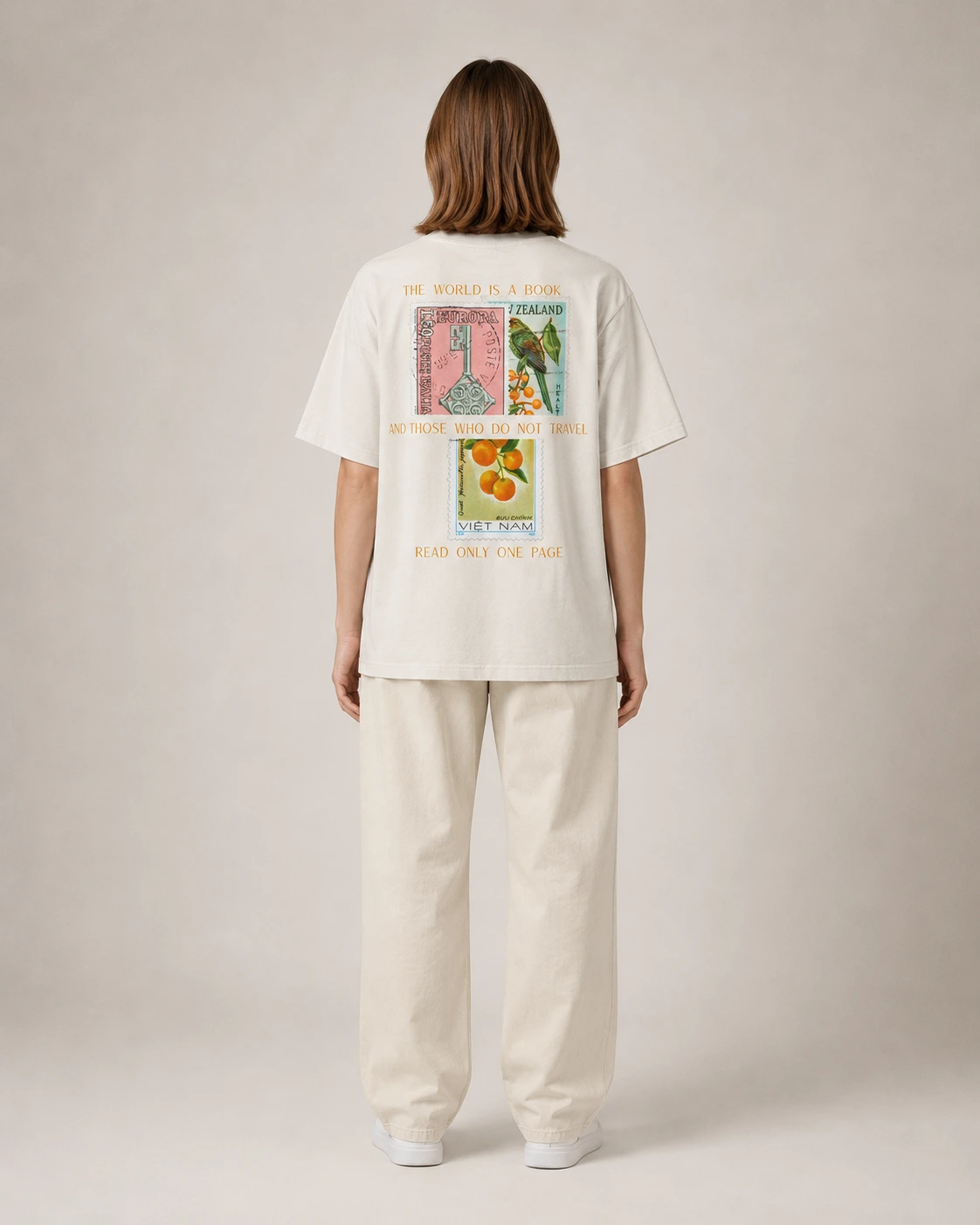 St. Augustine Tee, Faded Bone, worn, back