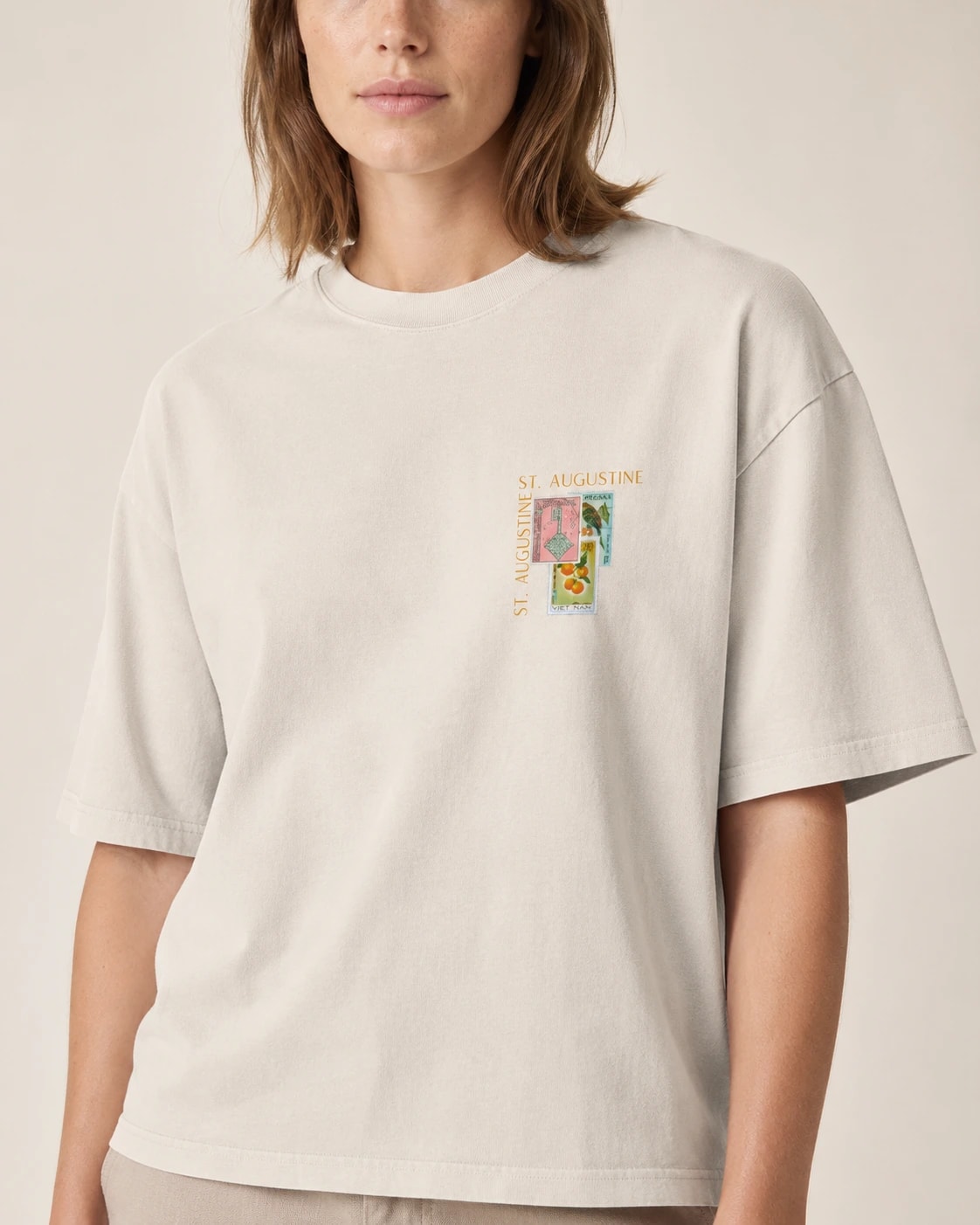 St. Augustine Tee, Faded Bone, print detail