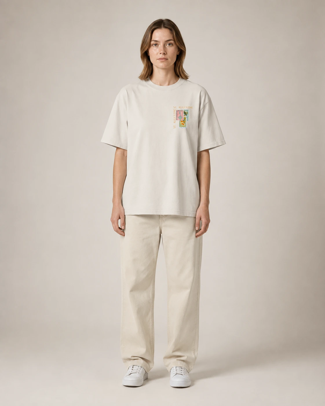 St. Augustine Tee, Faded Bone, worn, front